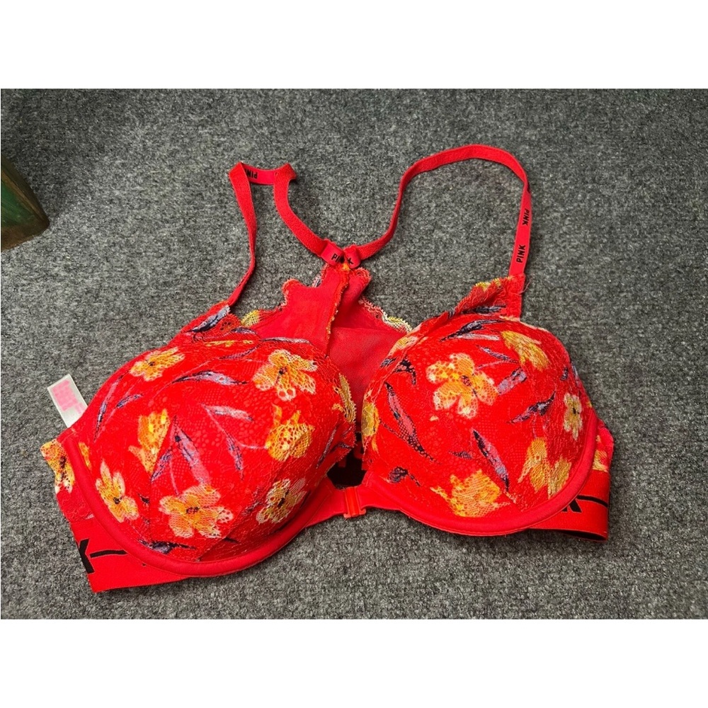 Victoria’s Secret PINK date Night Bra 34C RED floral‎ Logo Front Clasp